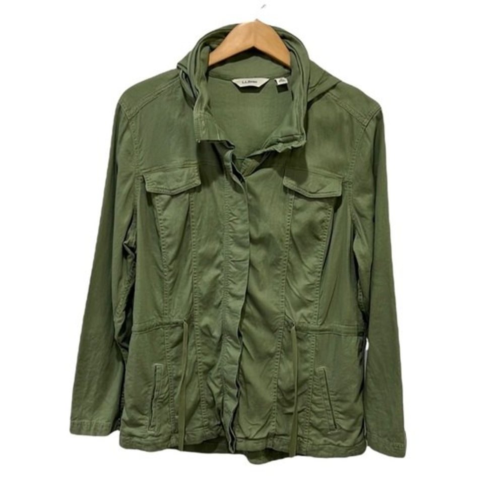 L.L. Bean Women olive green linen blend button down cinch waist jacket sz XL